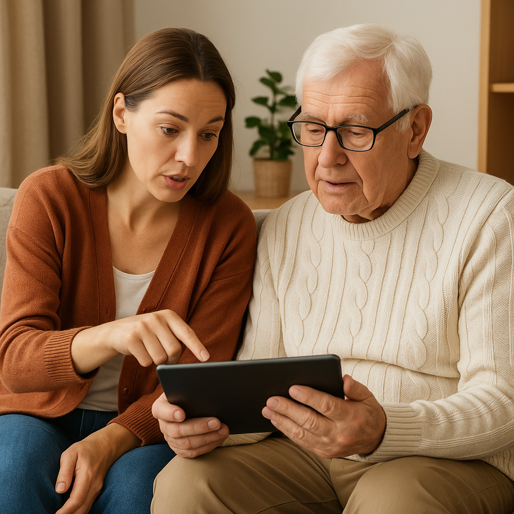 Senior die uitleg krijgt over tablet gebruik