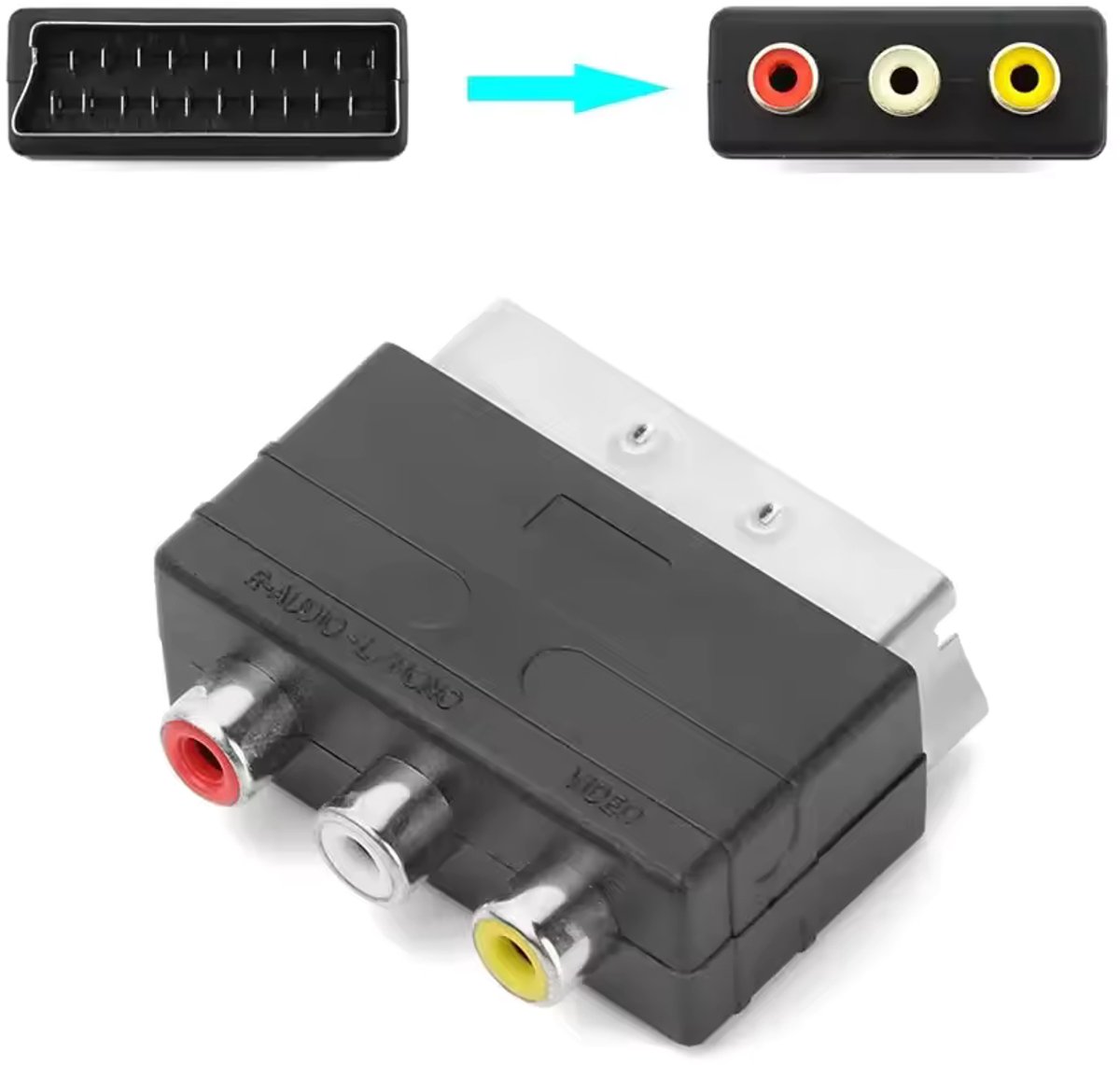 SCART male en drie RCA female aansluitingen van de adapter
