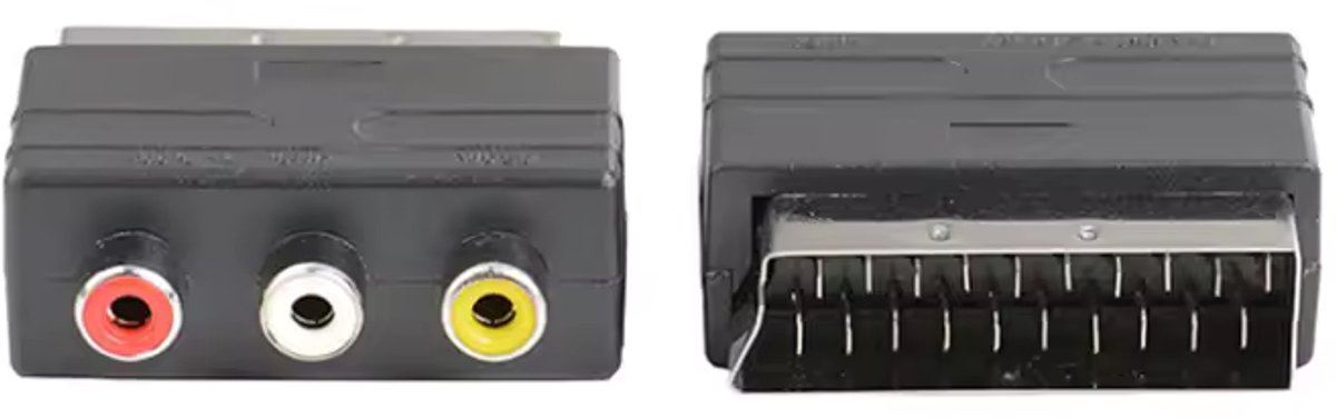 Voor- en achterzijde van RCA naar SCART verloopadapter