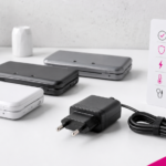 Europese oplader naast verschillende Nintendo 3DS-handhelds
