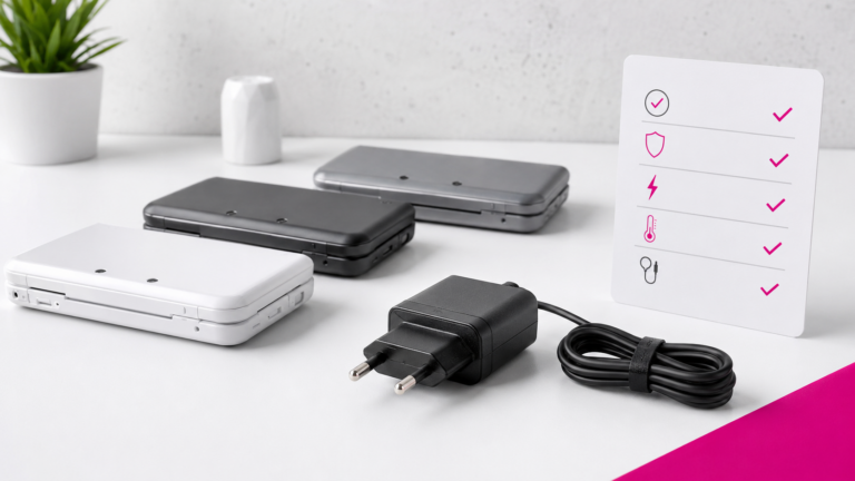 Europese oplader naast verschillende Nintendo 3DS-handhelds