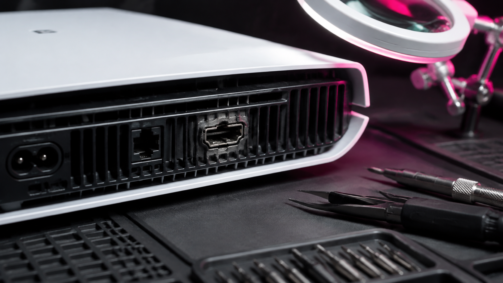 Beschadigde HDMI-poort van een PlayStation 5 op een reparatiewerkbank