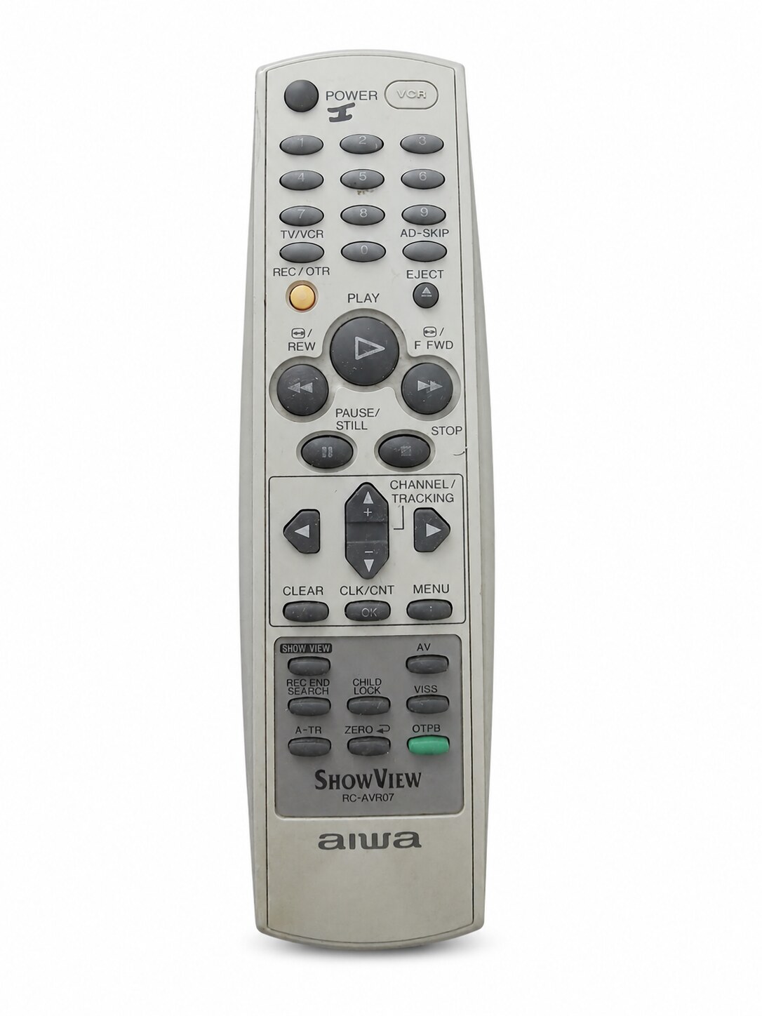 Originele Aiwa RC-AVR07 ShowView VCR-afstandsbediening voorzijde