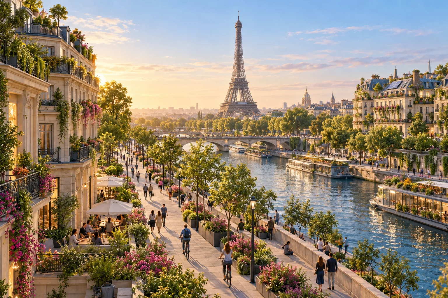 Artistieke toekomstimpressie van een groen Parijs langs de Seine, met de Eiffeltoren