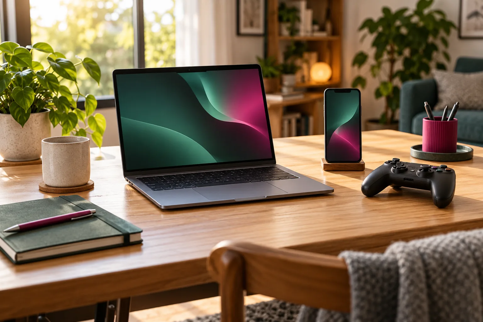 Illustratief beeld van een laptop, telefoon en controller die verder worden gebruikt